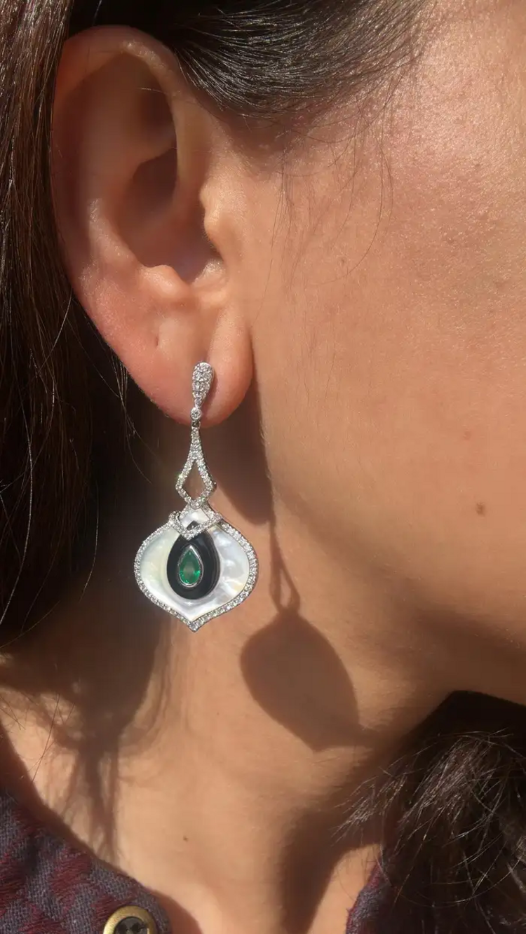 18k White Gold Zambian Emerald Dangle Earrings - Natural Diamond, Black Onyx & Pearl Wedding Earrings