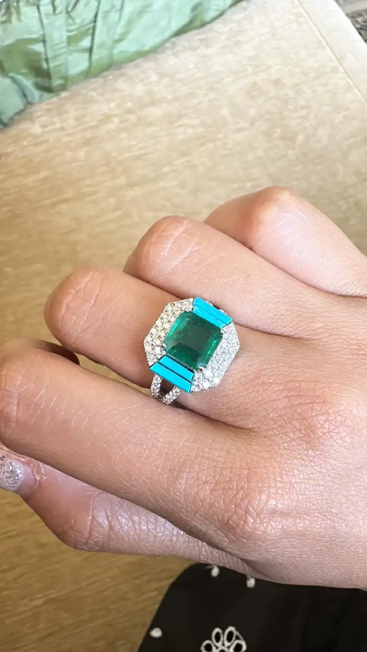 18k White Gold, Zambian Emerald, Natural Turquoise & Diamonds Engagement Ring
