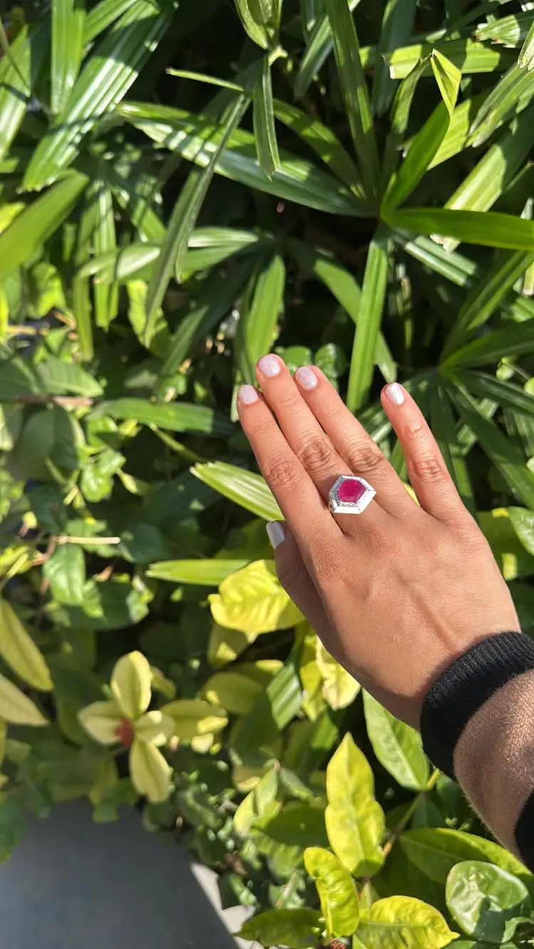 Mozambique Ruby & Diamond Ring - 18k White Gold Handmade Ring With White Enamel