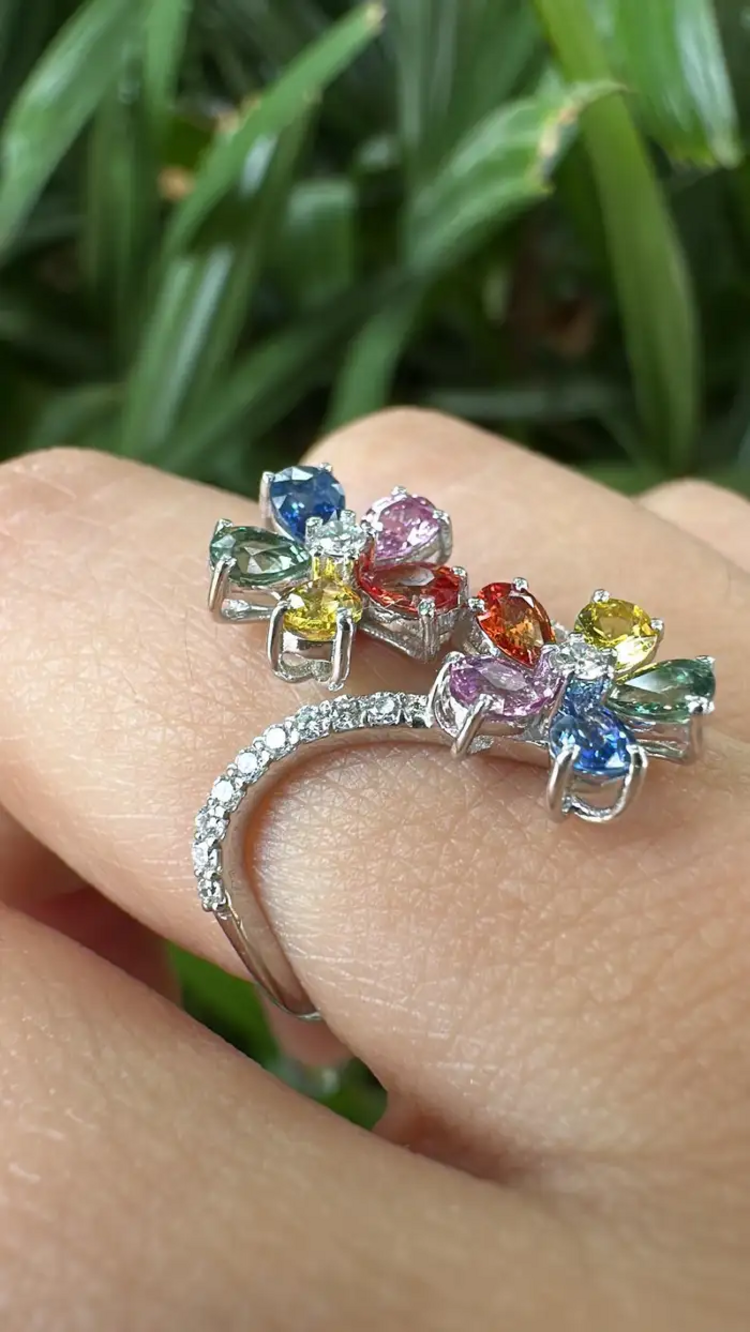 Natural Multi Sapphire Engagement Ring - 18k White Gold Diamond Ring