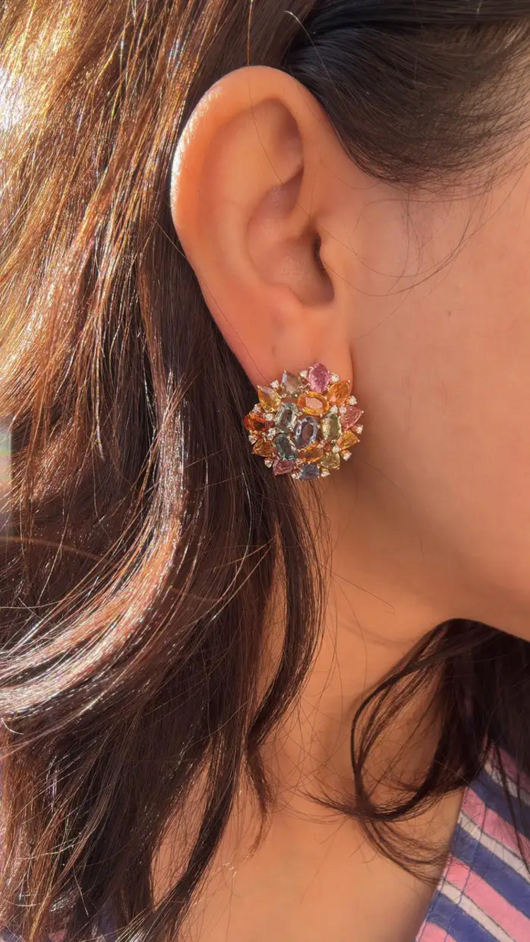 Ceylon Multi Sapphire & Diamond Stud Earrings - Handmade 18k Gold Diamond Women Earrings