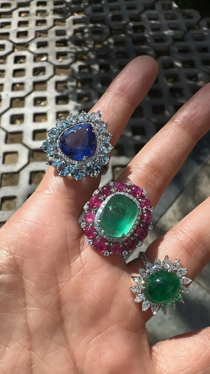 18k White Gold Handmade Diamond Ring - Natural Zambian Emerald Cocktail Ring