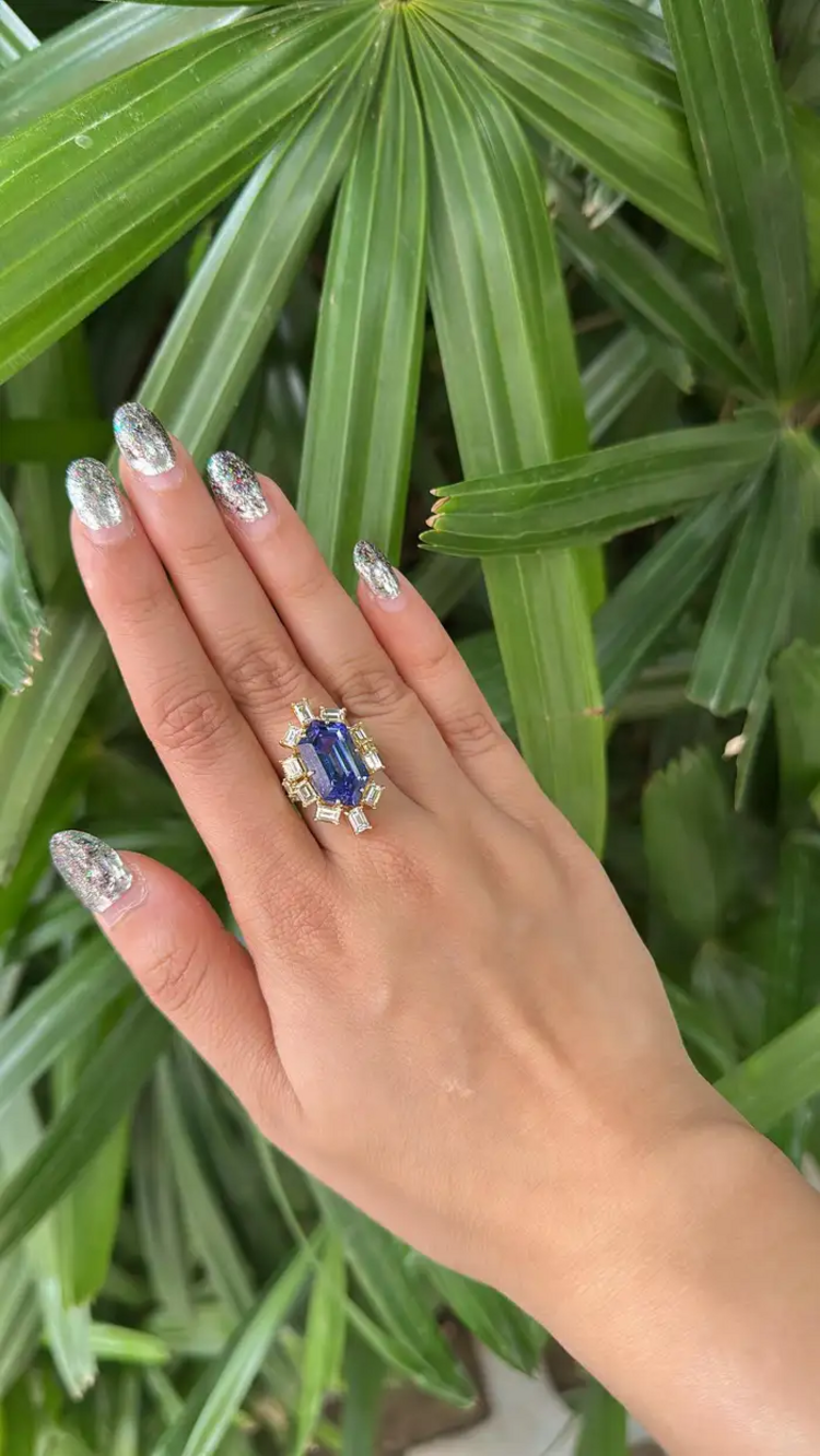 18k White Gold Yellow Diamond Engagement Ring - Natural Hexagon Cut Tanzanite Statement Ring