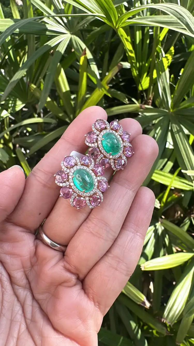 Natural Colombian Emerald & Pink Sapphire Stud Earrings - 18k Rose Gold Diamond Earrings