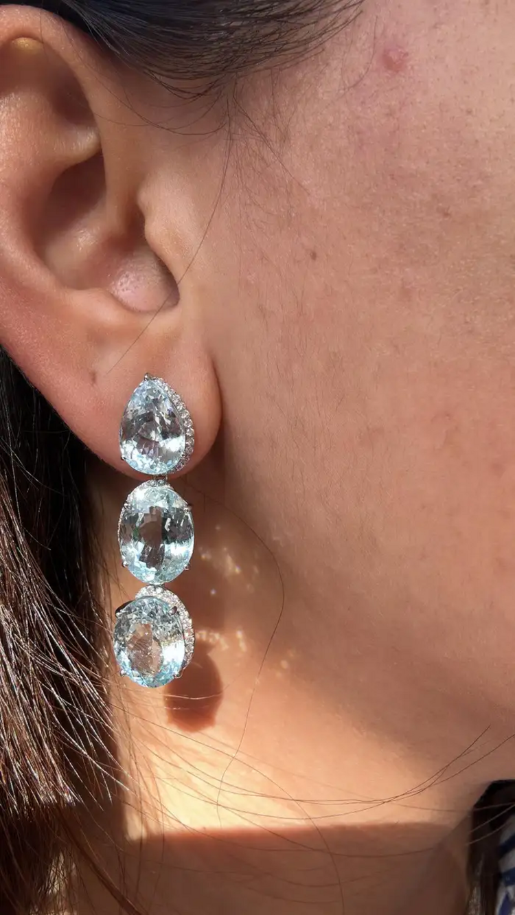 Natural Aquamarine Gemstone Dangle Earrings - 18k White Gold Diamond Drop Dangle Earrings