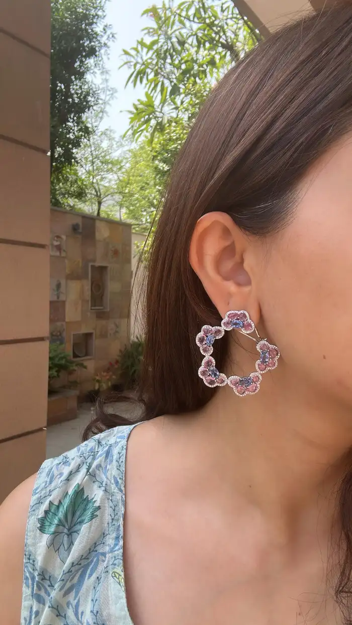 Natural Ceylon Blue & Pink Sapphire Gemstone Hoop Earrings - 18k White Gold Diamond Women Earrings
