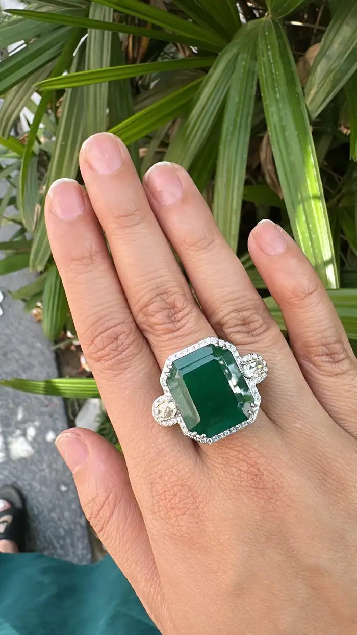 Natural 24.51 Ct. Zambian Emerald Engagement Ring - 18k White Gold Rose Cut Diamond Statement Ring