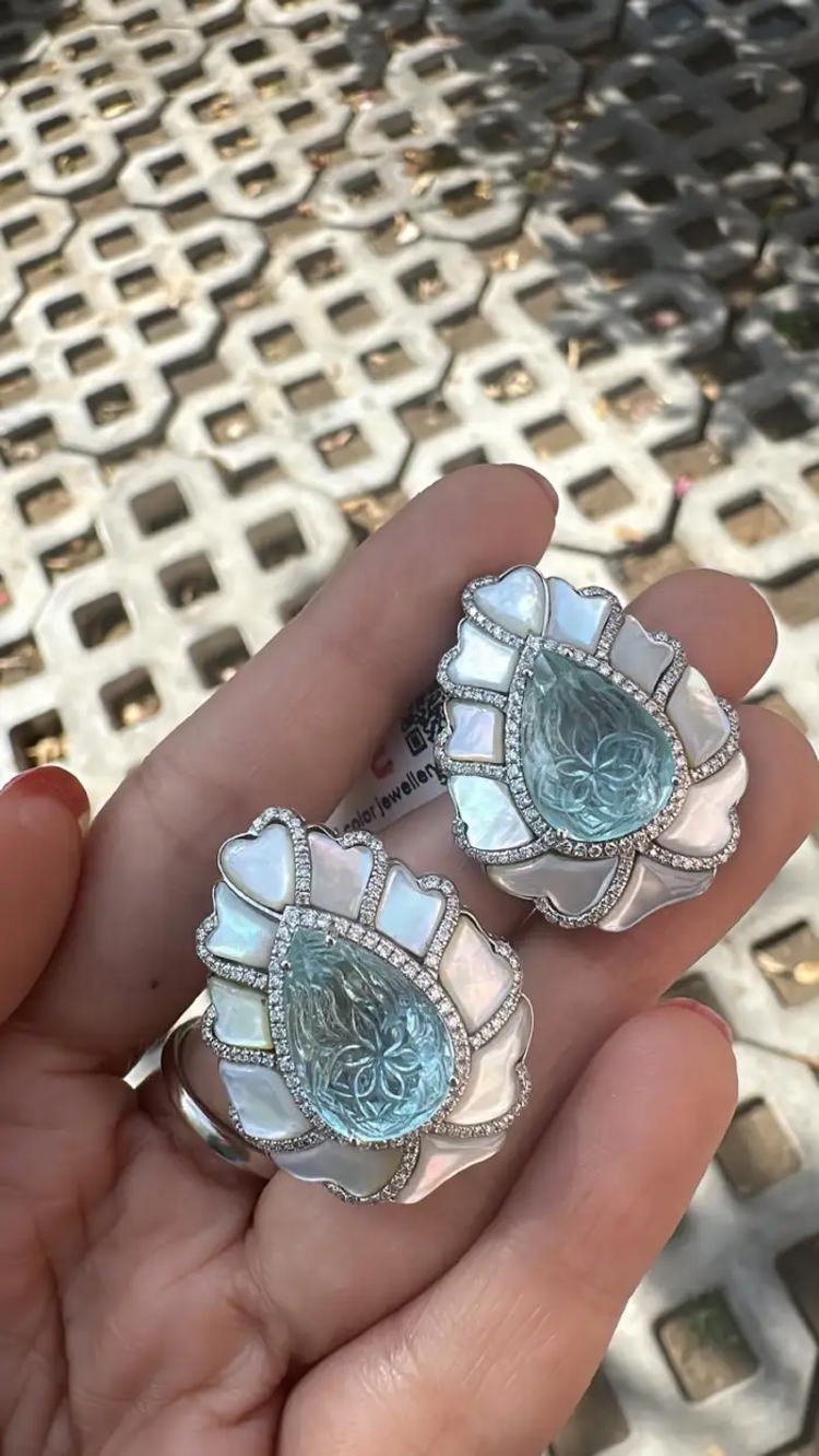 18k White Gold Handmade Diamond Stud Earrings - Pear Shape Carved Aquamarine & Pearl Stud Earrings