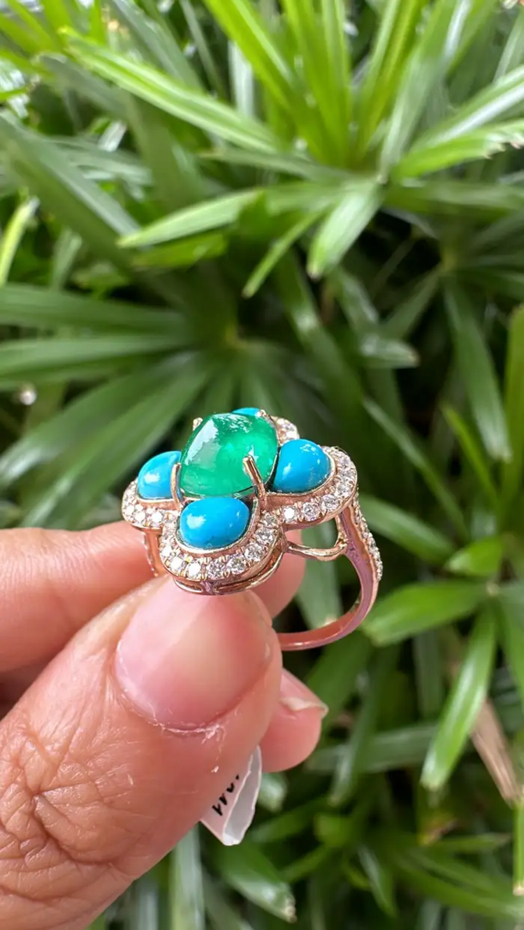18k Rose Gold Diamond Handmade Ring With Natural Zambian Emerald & Turquoise