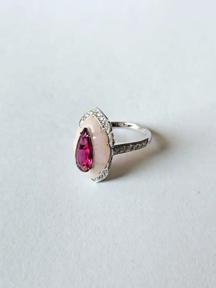 Natural Rubellite & Pink Opal Wedding Ring - 18k White Gold Handmade Diamond Ring
