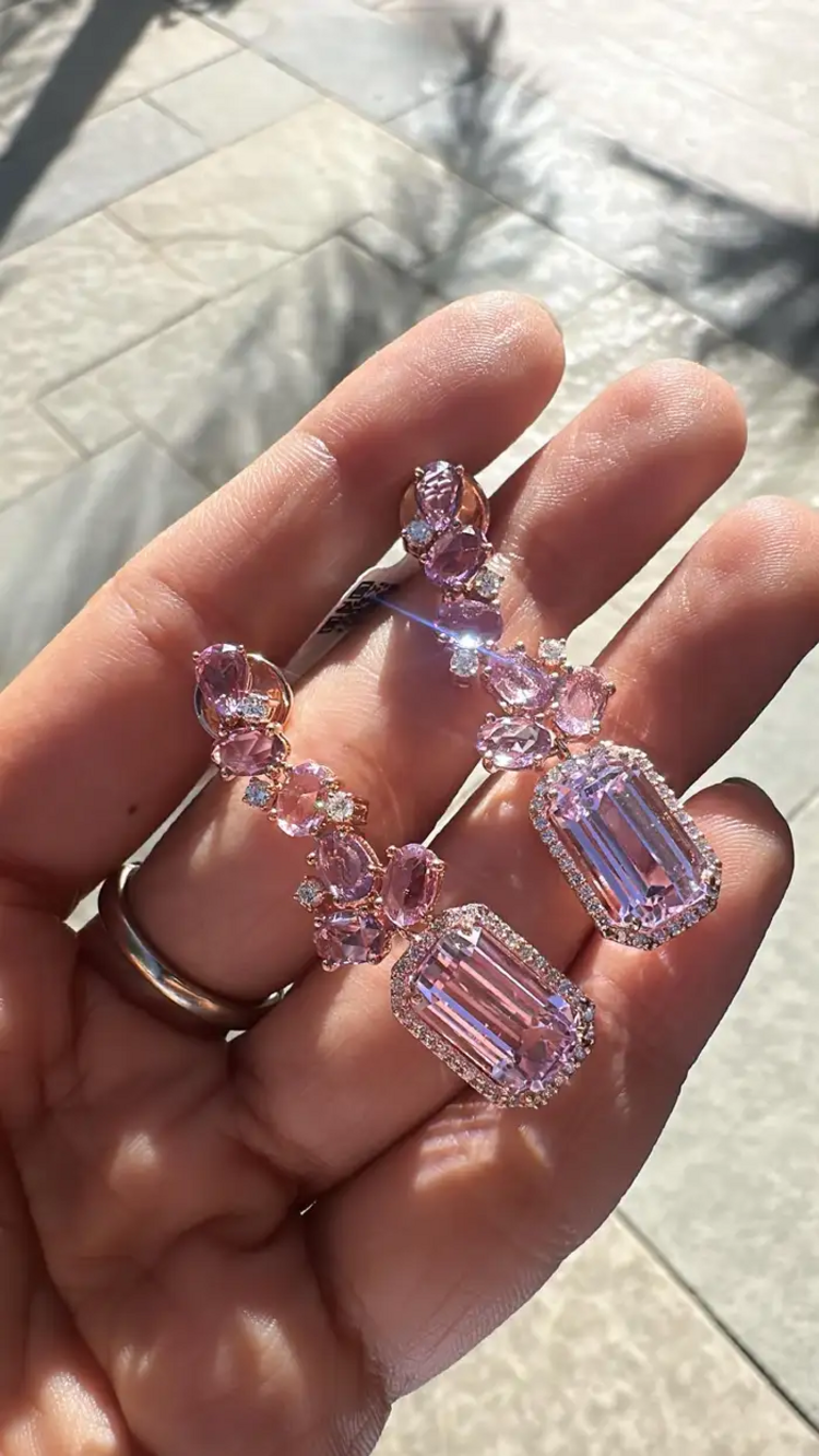 18k Rose Gold Kunzaite Gemstone Dangle Earrings - Natural Diamond & Pink Sapphire Wedding Earrings