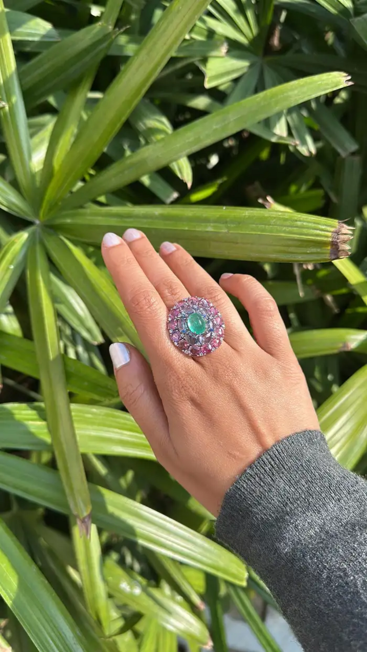 Colombian Emerald & Diamond Cocktail Ring - 18k White Gold Pink & Blue Sapphire Statement Ring