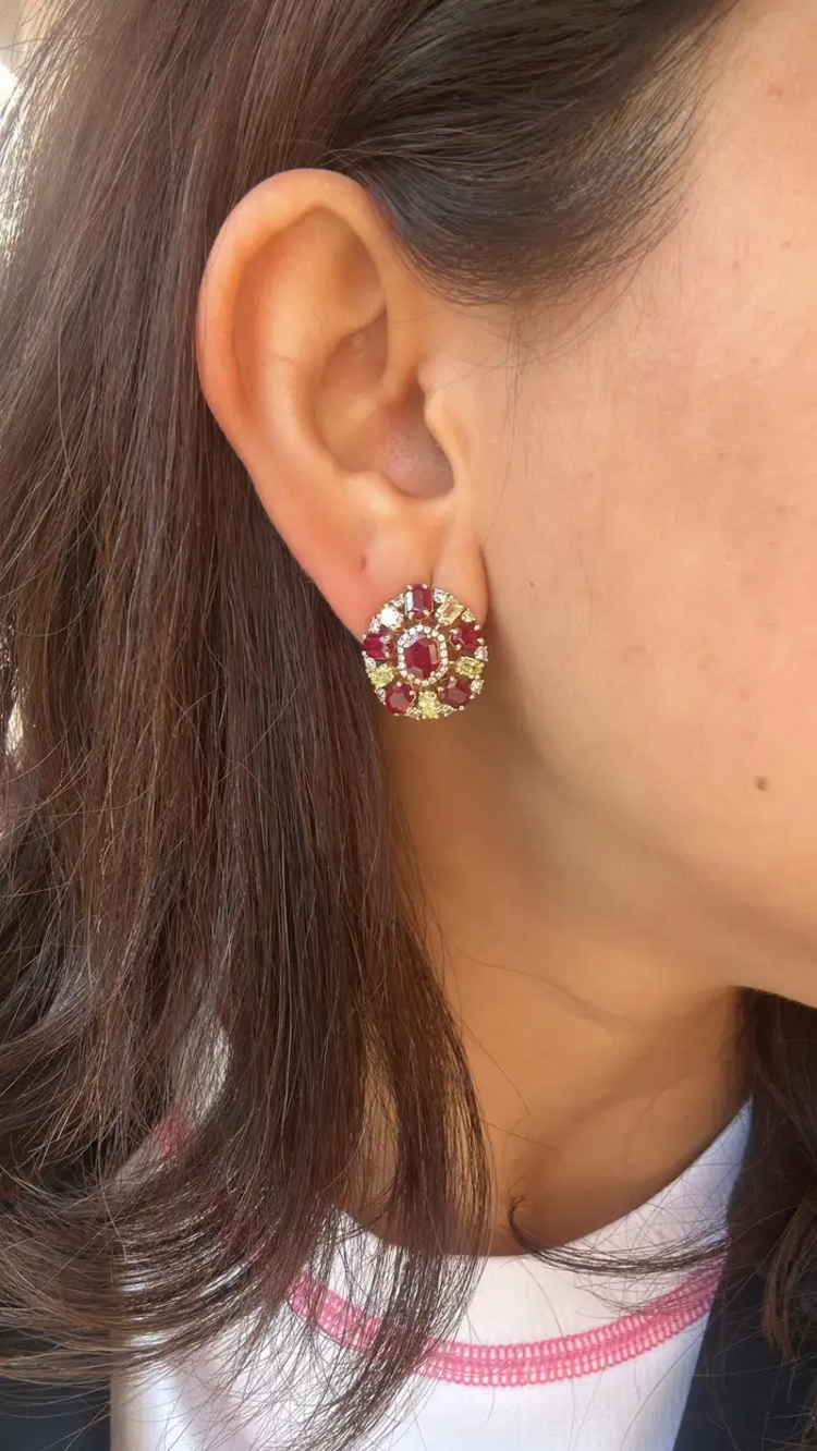 Mozambique Ruby & Yellow Diamond Stud Earrings - 18k Yellow Gold Diamond Stud Earrings
