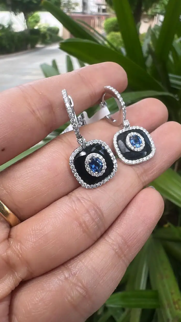 Natural Blue Sapphire & Black Onyx Earrings - 18k White Gold Diamond Earrings