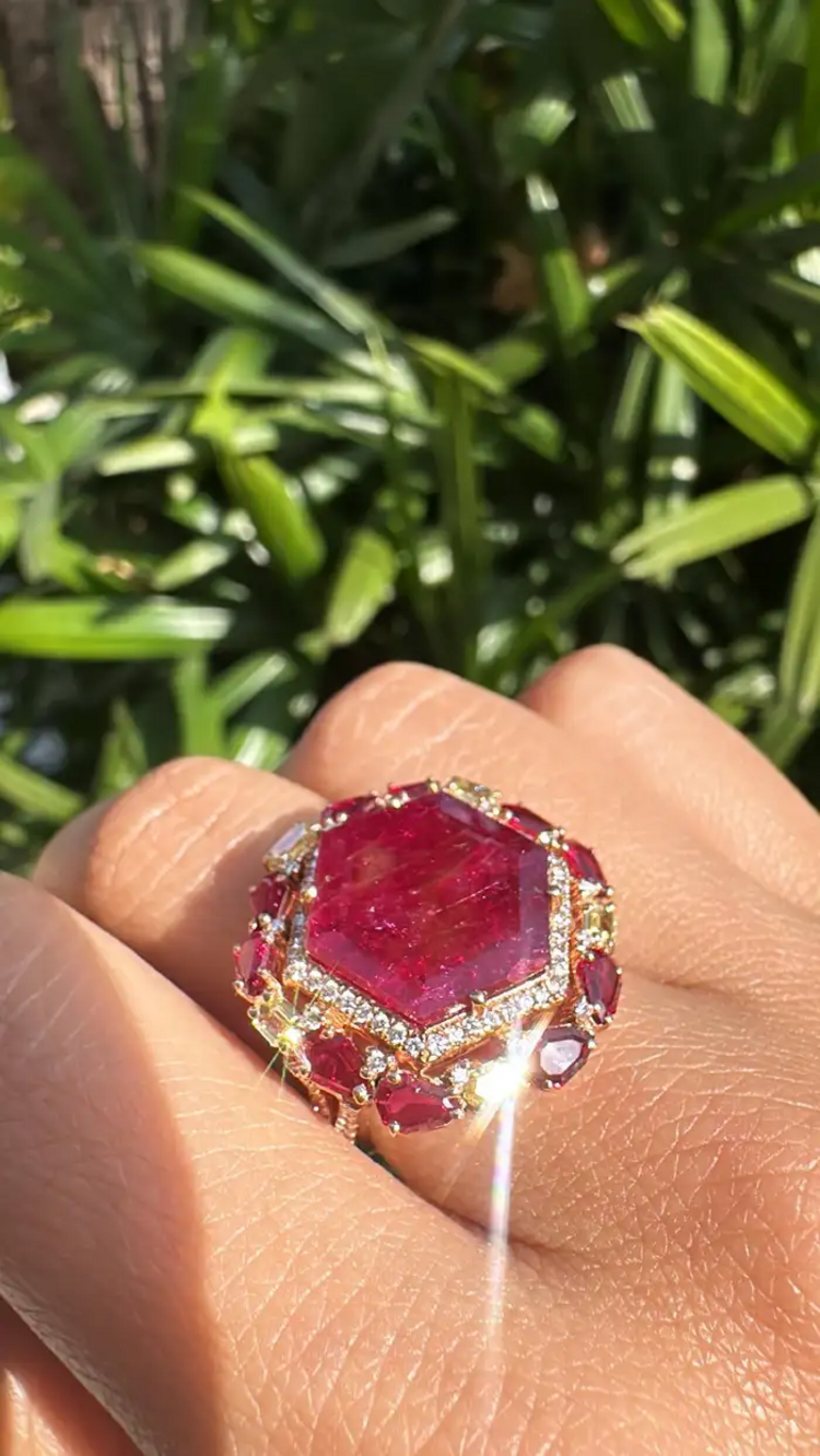 9.06 Ct Mozambique Ruby Cocktail Ring - 18k Yellow Gold Handmade Yellow Diamond Wedding Ring
