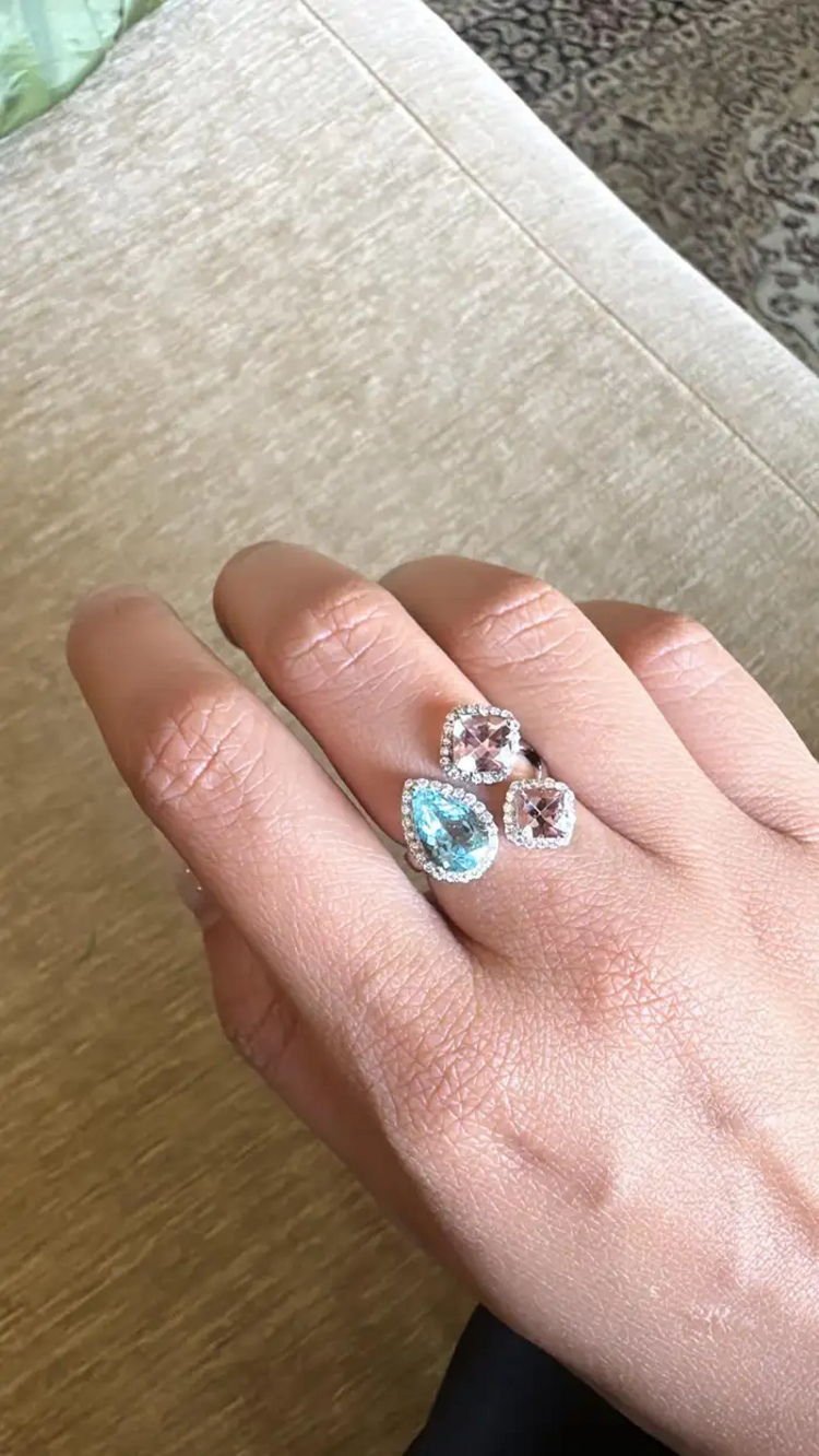 Aquamarine & Morganite Gemstone Ring - 18k White Gold Handmade Women Ring - Gold Diamond Wedding Gift Ring