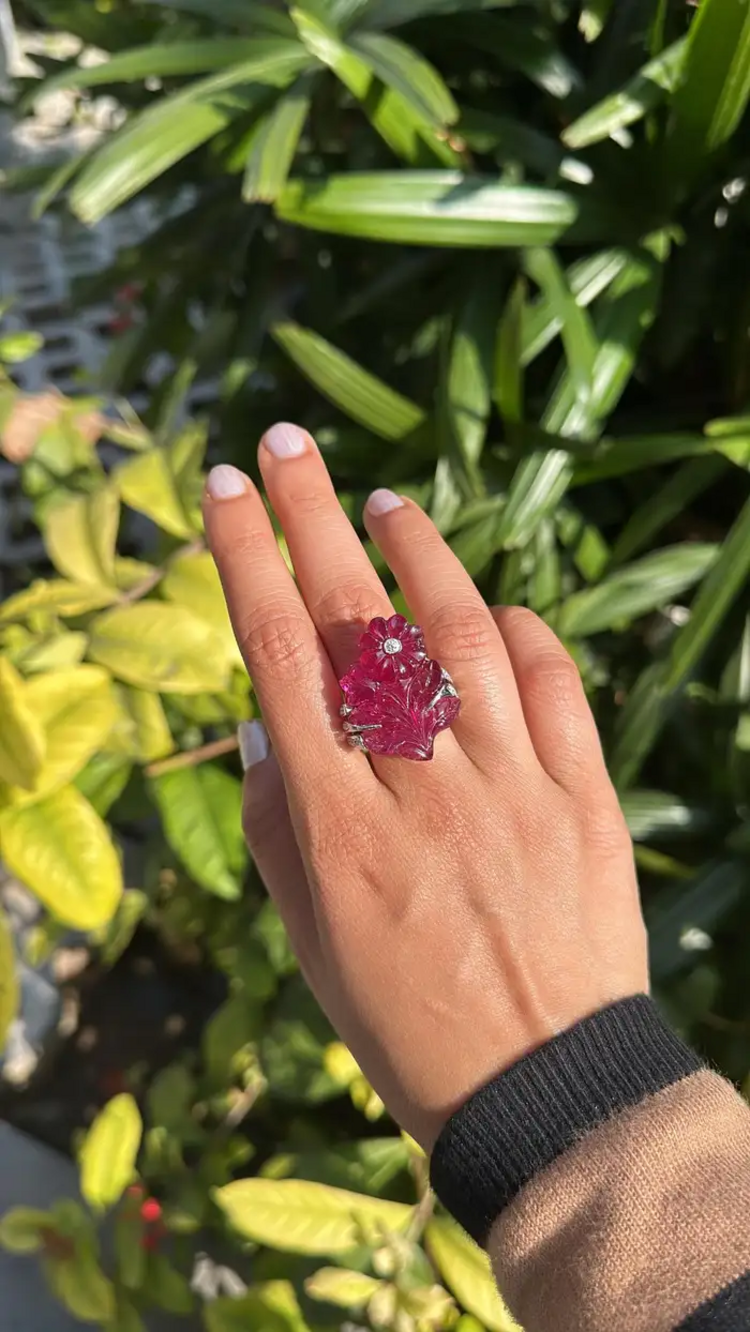33.00 Ct. Carved Tourmaline Ring - 18k Gold Diamond Big Ring - Gemstone Floral Ring