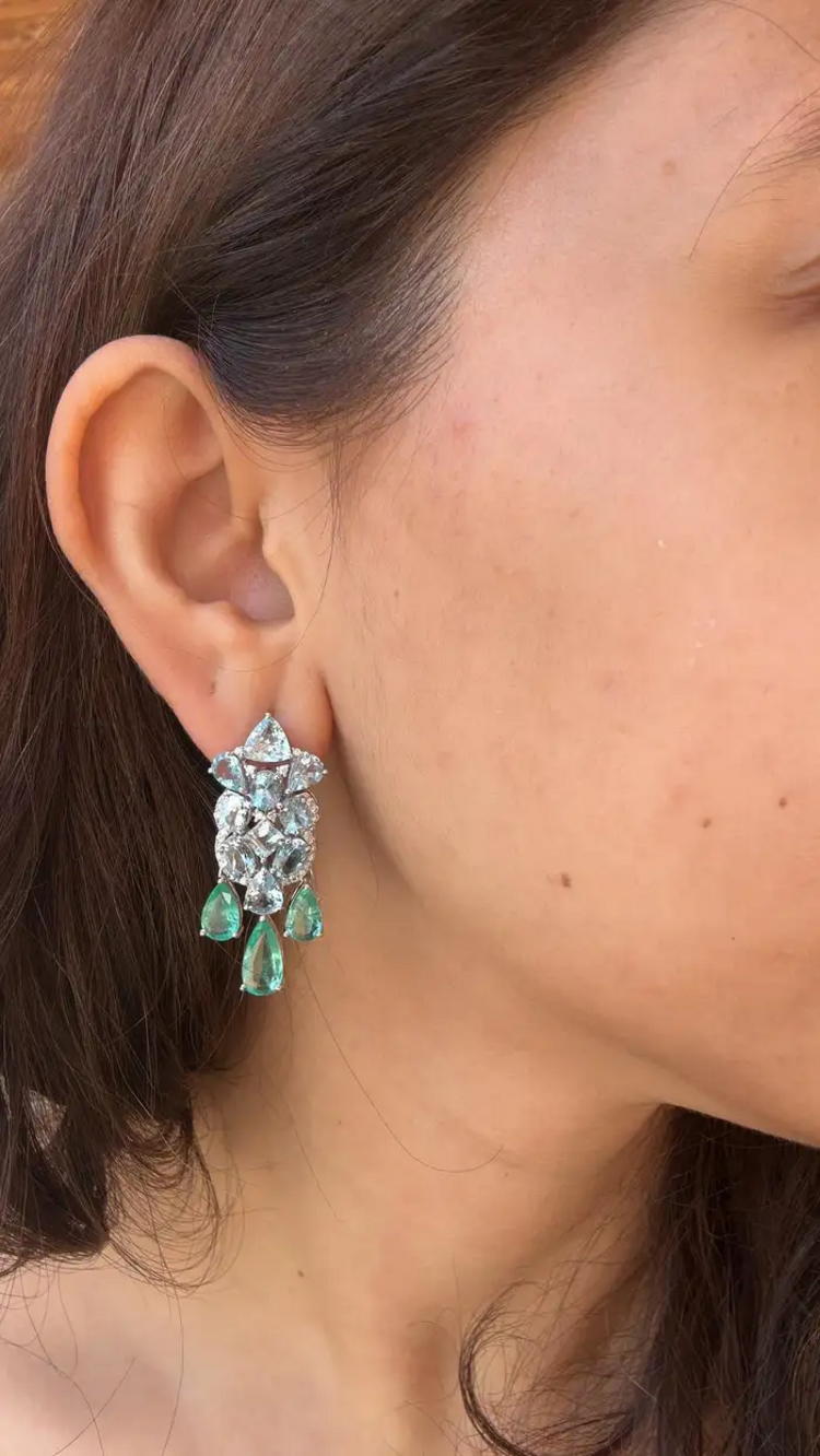 Natural Aquamarine & Colombian Emerald Dangle Earrings - 18k White Gold Diamond Wedding Earrings