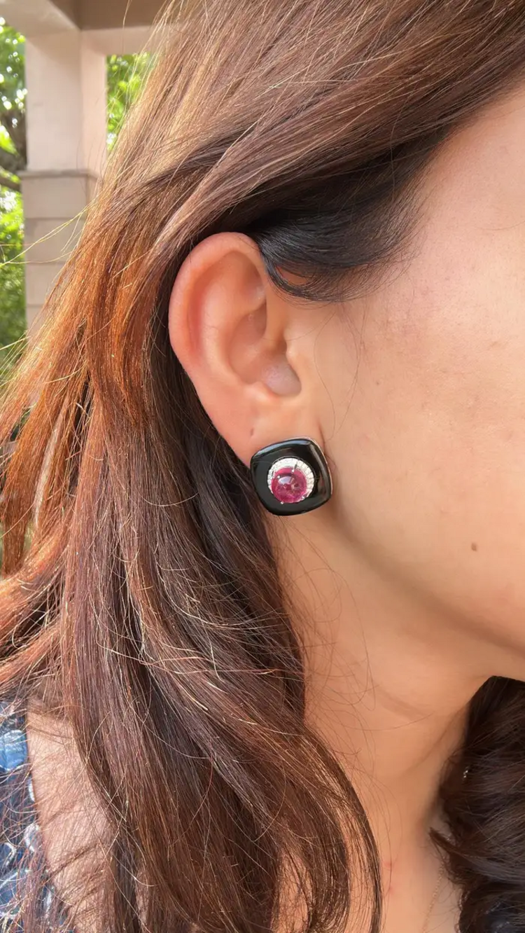 18k White Gold Diamond Stud Earrings - Natural Rubellite & Black Onyx Daily Wear Earrings