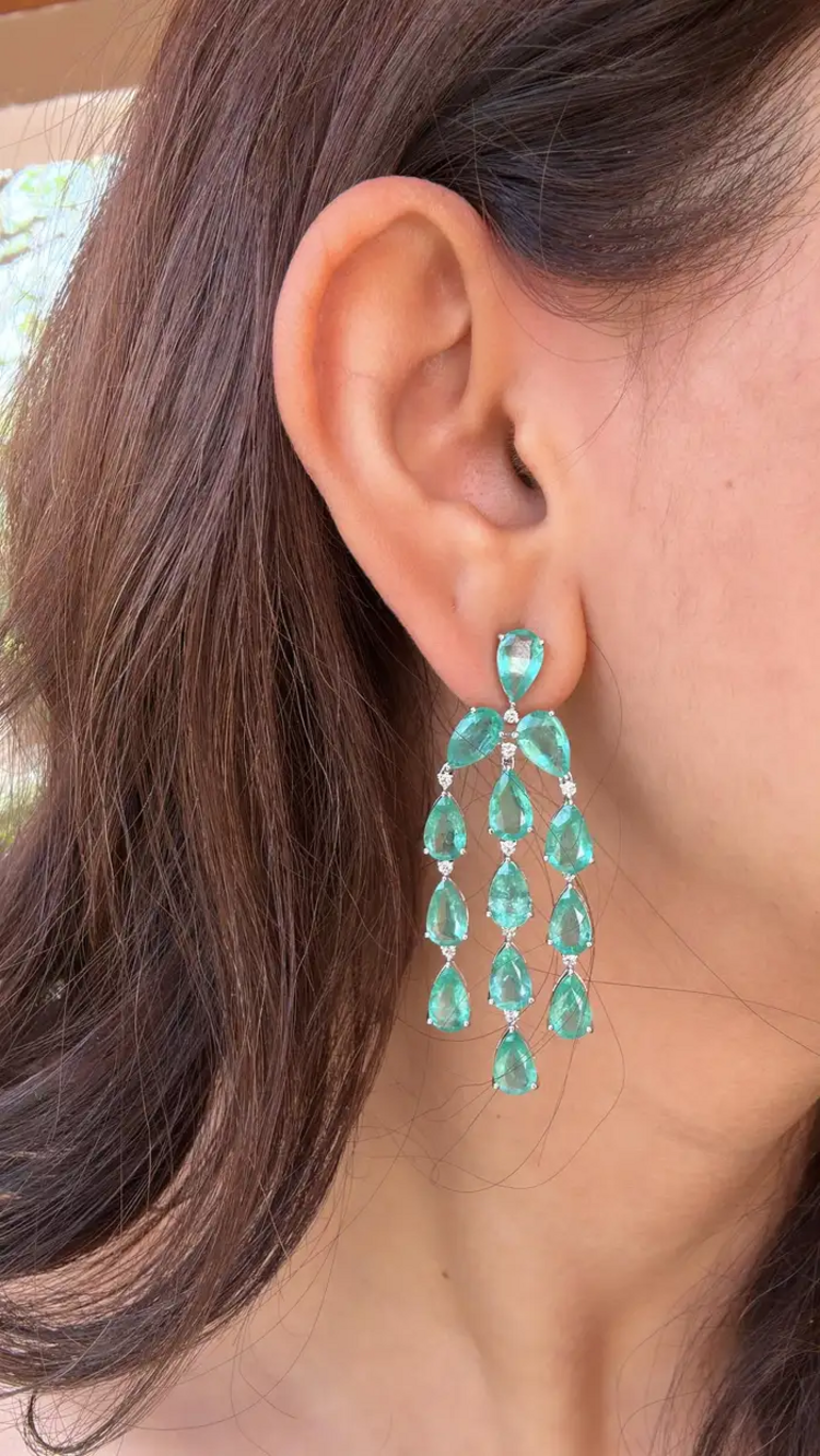 Natural Colombian Emerald Dangle Earrings - 18k White Gold Diamond Chandelier Earrings for Women