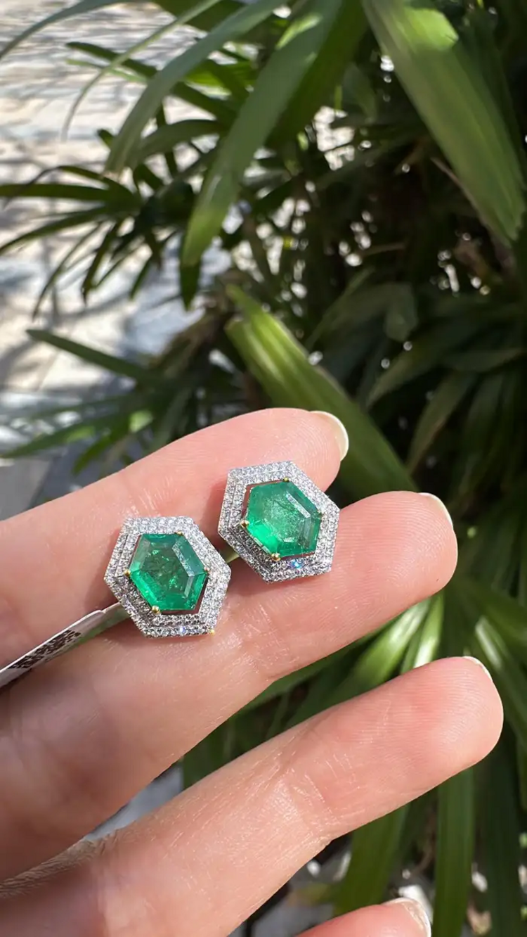 Natural Zambian Emerald Stud Earrings - 18k White Gold Diamond Tiny Stud Earrings