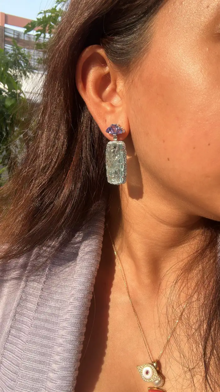 41.37 Ct. Carved Aquamarine Dangle Earrings - 18k White Gold Handmade Earrings - Trillion Cut Tanzanite Earrings