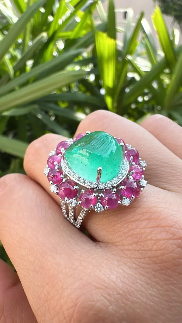 18k White Gold Diamond Cocktail Ring - Natural Colombian Emerald & Ruby Statement Ring