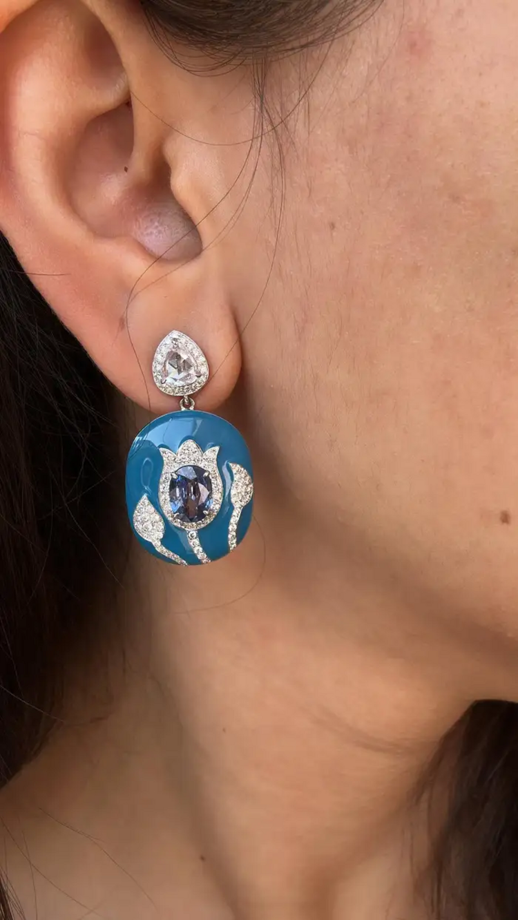 18k White Gold Rose Cut Diamond Handmade Dangle Earrings - Natural Blue Sapphire & Blue Enamel Earrings