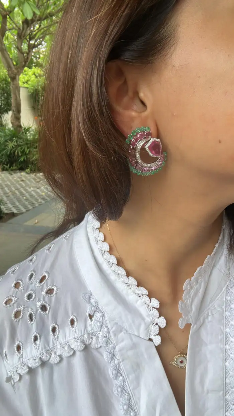 11.33 Ct. Pink Sapphire & Emerald Gemstone Stud Earrings - 18k White Gold Diamond Earrings