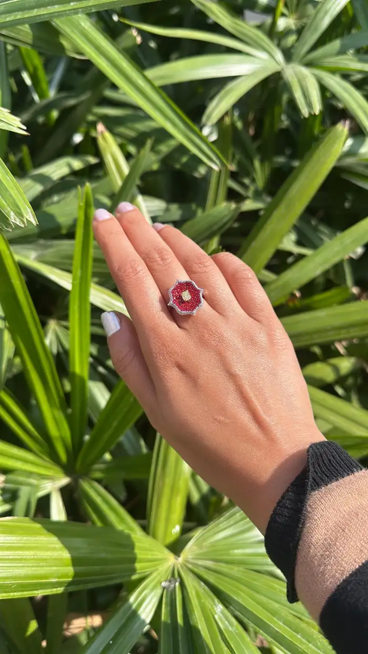 Natural Ruby & Yellow Diamond Ring - 18k White Gold Diamond Stackable Wedding Ring