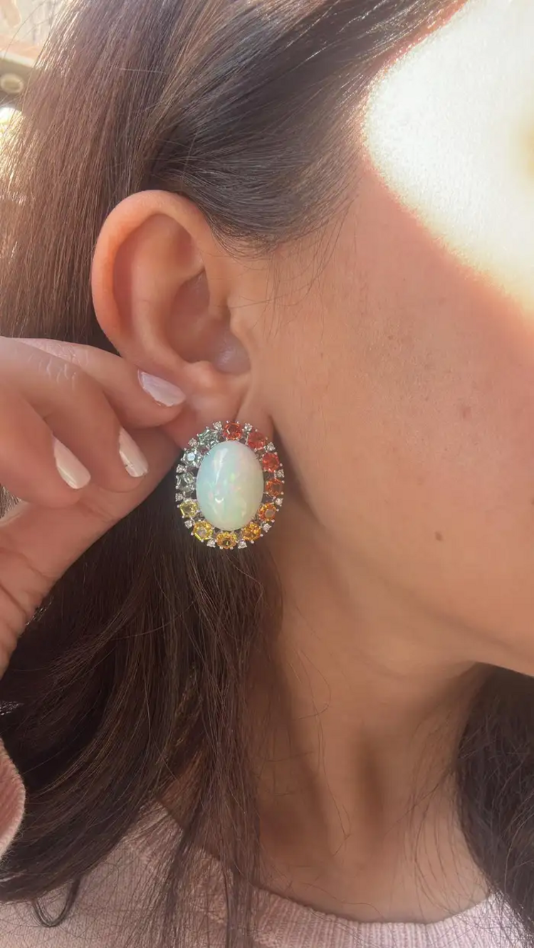 Natural Ethiopian Opal & Multi Sapphire Stud Earrings - 18k White Gold Diamond Earrings