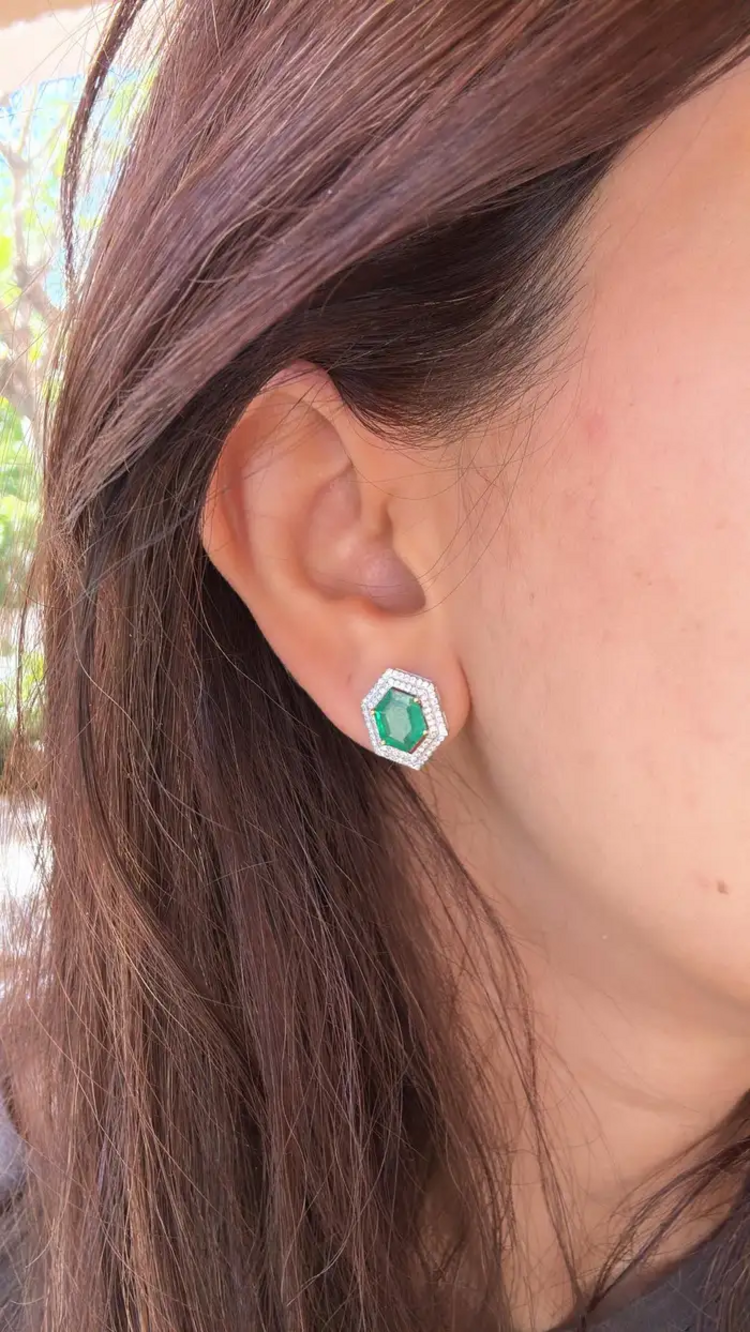 Natural Zambian Emerald Stud Earrings - 18k White Gold Diamond Tiny Stud Earrings