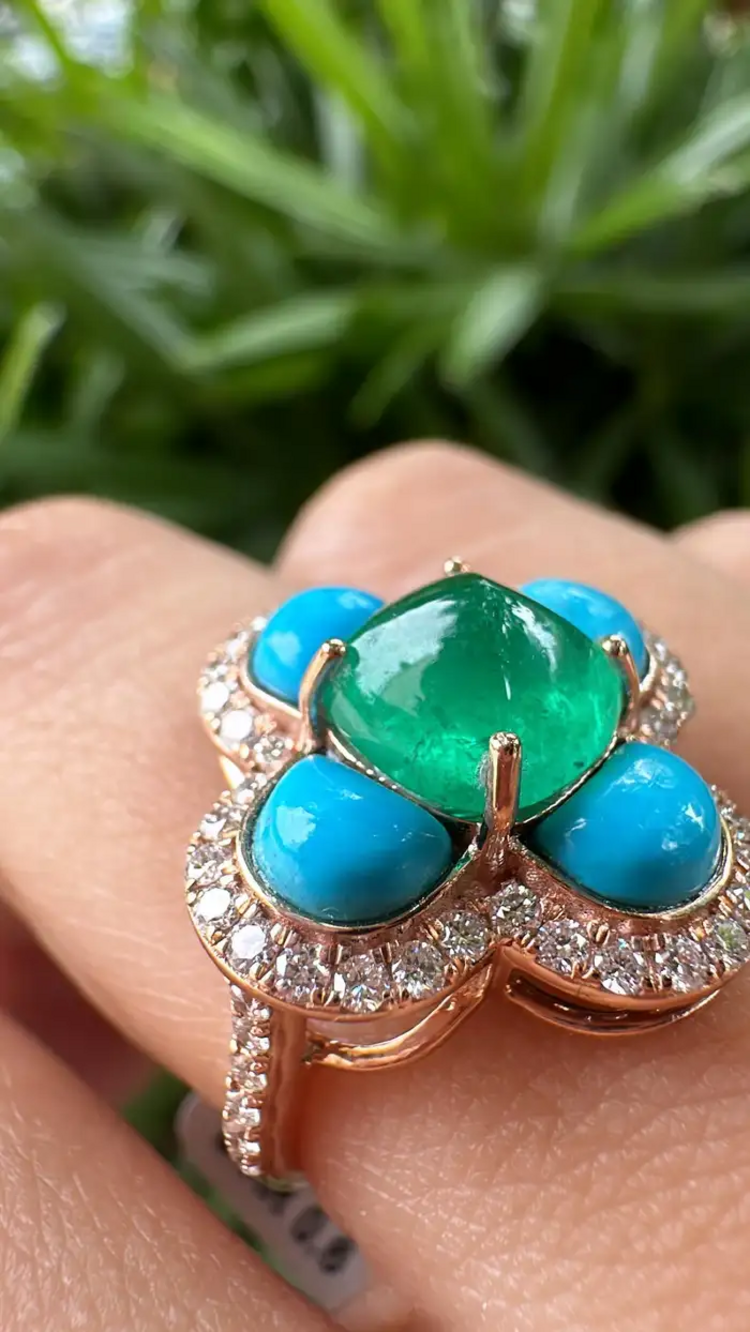 18k Rose Gold Diamond Handmade Ring With Natural Zambian Emerald & Turquoise