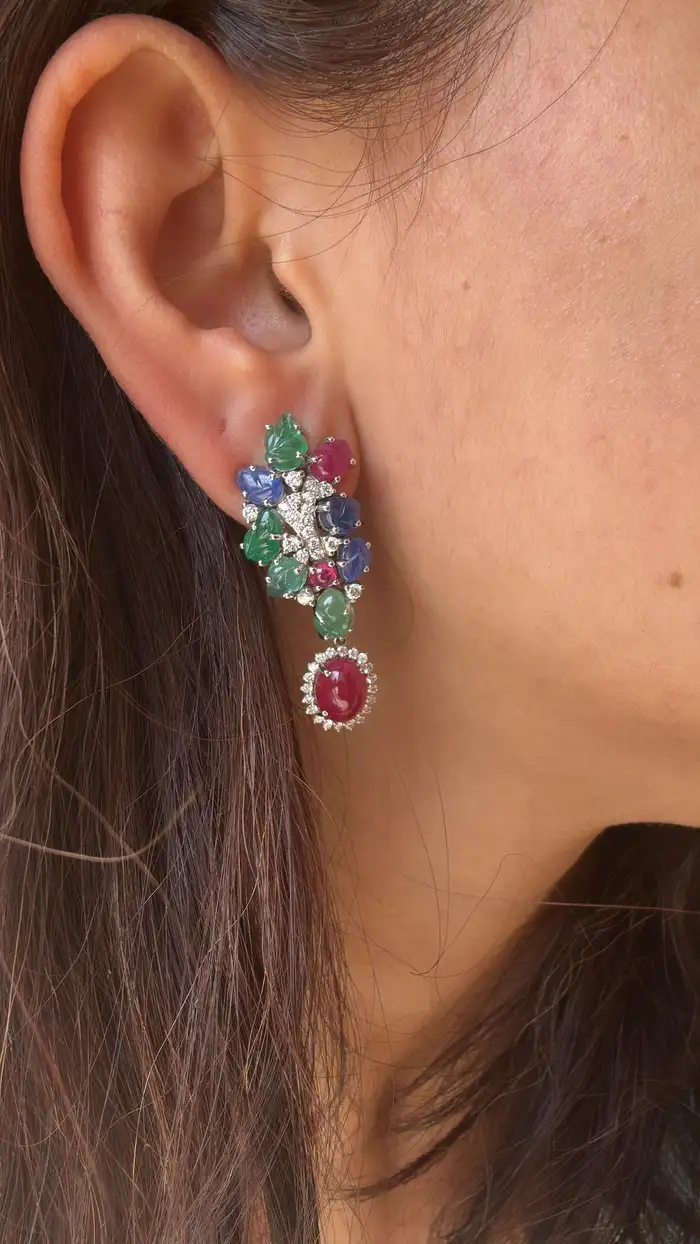 Natural Mozambique Ruby, Zambian Emerald & Blue Sapphire Dangle Earrings - 18k White Gold Diamond Chandelier Earrings