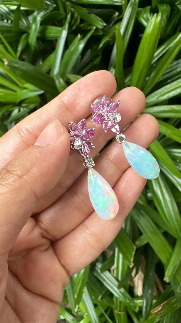 Natural Ethiopian Opal & Diamond Dangle Earrings - 18k White Gold Pink Sapphire Women Jewelry
