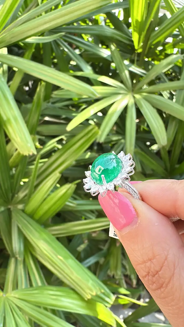 18k White Gold Handmade Diamond Ring - Natural Zambian Emerald Cocktail Ring