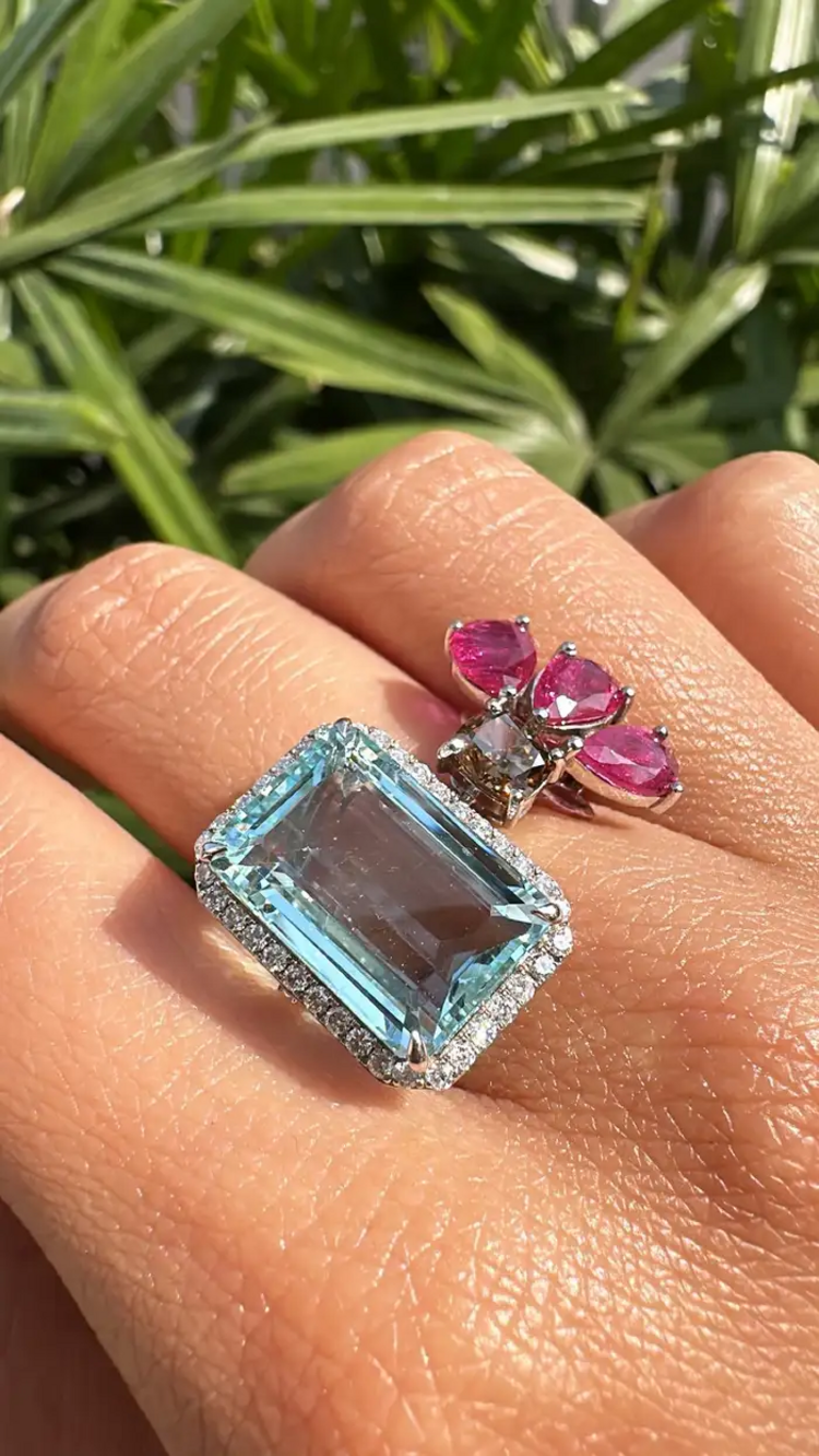 18k White Gold Brown Diamond Cuff Ring - Natural Aquamarine & Ruby Engagement Ring