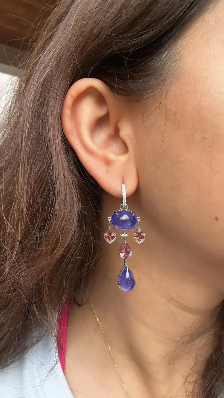 18k White Gold Diamond Earrings - Natural Tanzanite & Tourmaline Gemstone Dangle Earrings