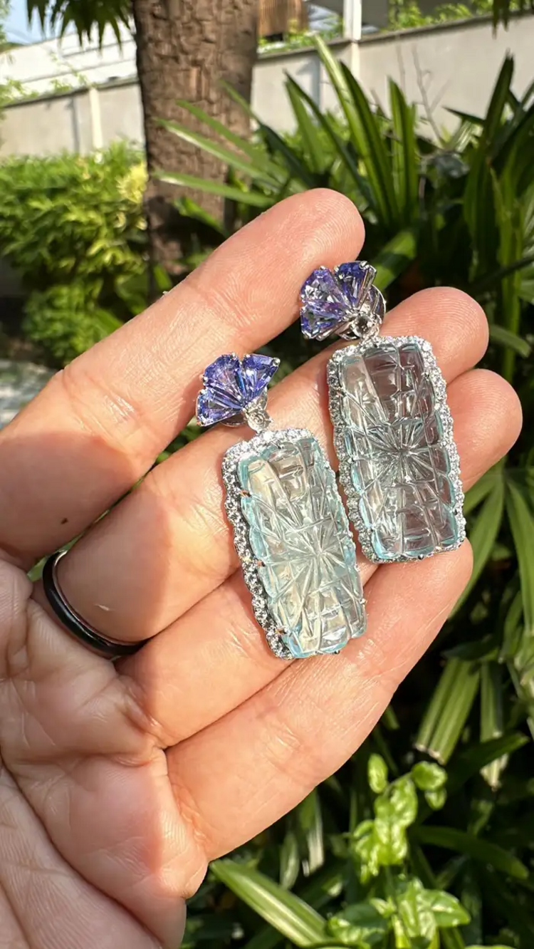 41.37 Ct. Carved Aquamarine Dangle Earrings - 18k White Gold Handmade Earrings - Trillion Cut Tanzanite Earrings