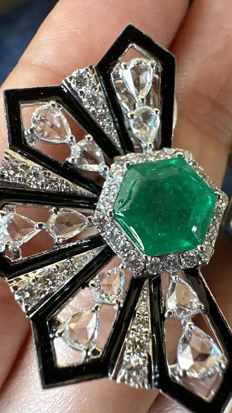 18k White Gold Handmade Stud Earrings - Natural Zambian Emerald & Diamond Women Earrings