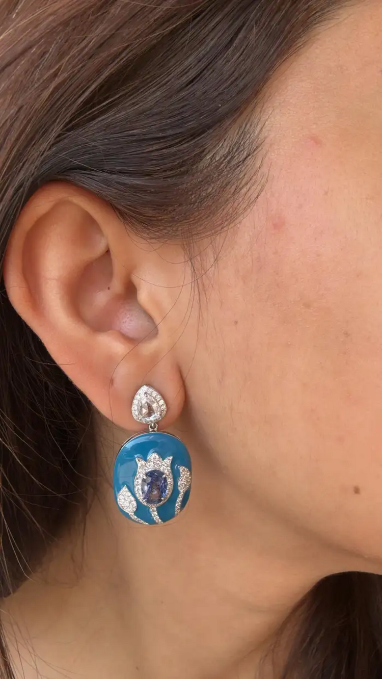 18k White Gold Rose Cut Diamond Handmade Dangle Earrings - Natural Blue Sapphire & Blue Enamel Earrings
