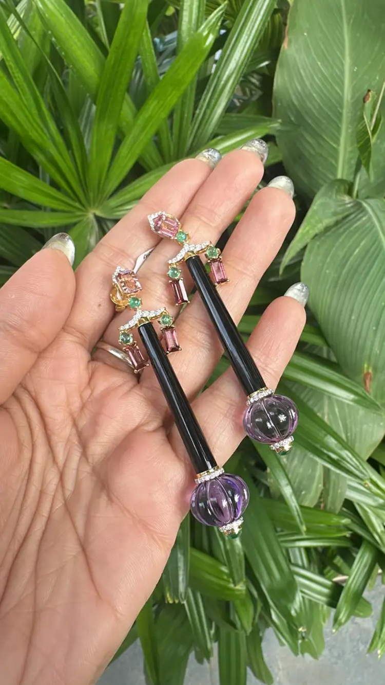 Natural Amethyst , Tourmaline & Black Onyx Dangle Earrings - 18k Yellow Gold Diamond Earrings