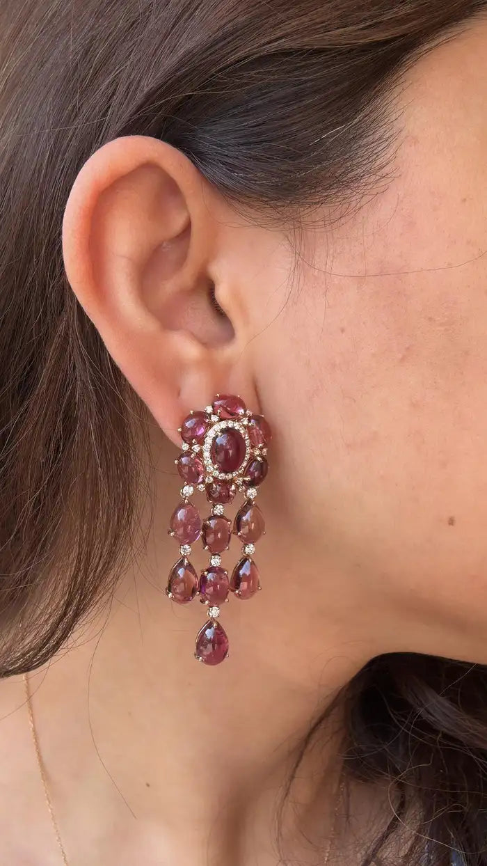 39.21 Ct. Cabochon Tourmaline Gemstone Dangle Earrings - 18k Rose Gold Diamond Wedding Earrings