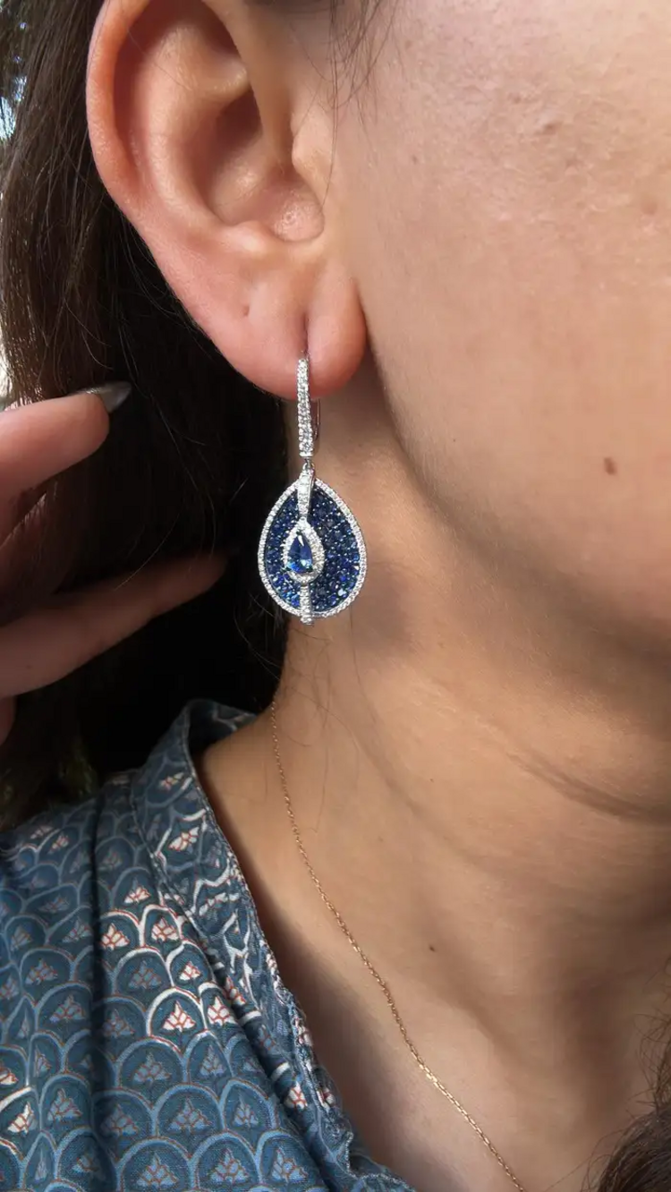 Natural Blue Sapphire & Diamond Earrings - 18k White Gold Handmade Dangle Earrings