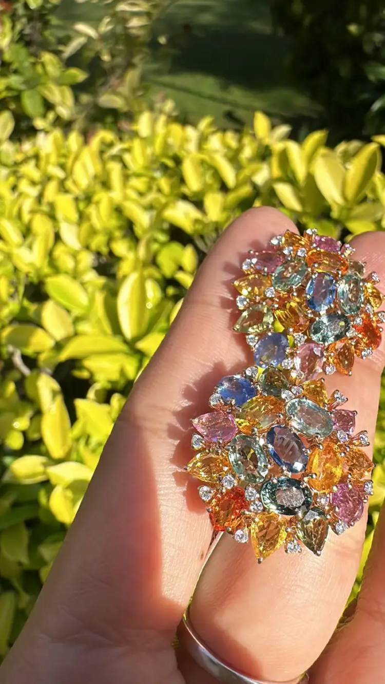 Ceylon Multi Sapphire & Diamond Stud Earrings - Handmade 18k Gold Diamond Women Earrings
