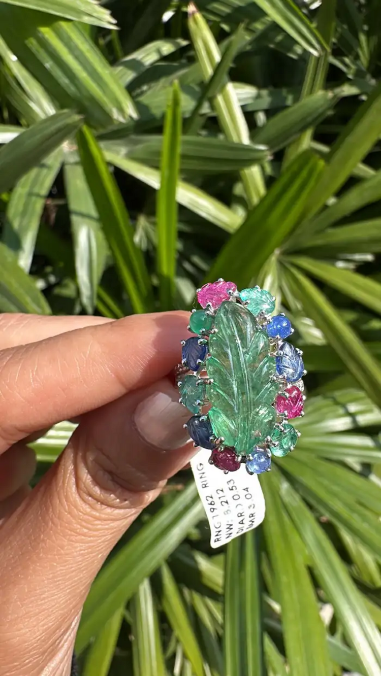 18k White Gold Handmade Cocktail Ring - Natural Emerald, Blue Sapphires, Ruby & Diamonds Cocktail Ring