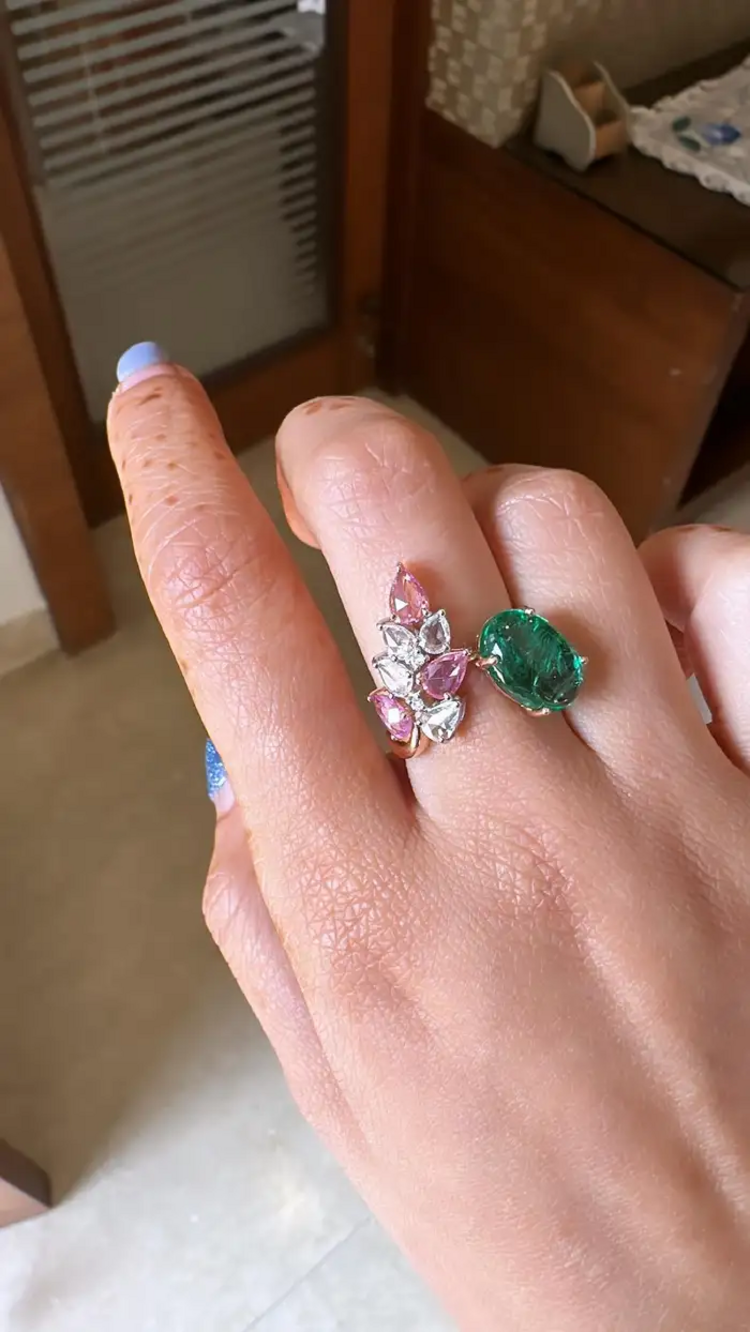 18k Rose Gold Diamond Ring - Natural Zambian Emerald & Pink Sapphire Gemstone Women Ring