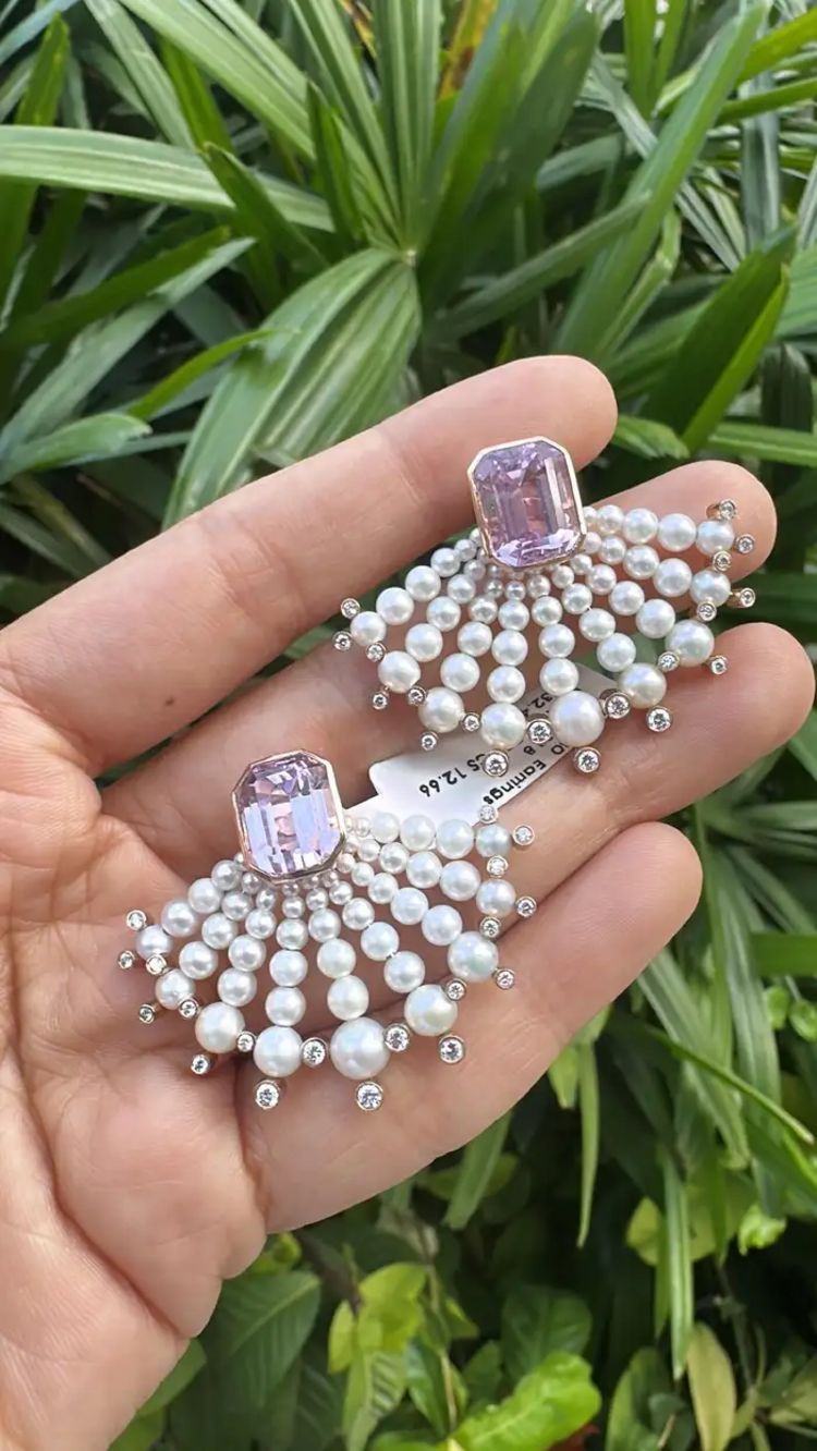 18k Rose Gold Handmade Diamond Stud Earrings - Natural Kunzite & Freshwater Pearls Designer Stud Earrings