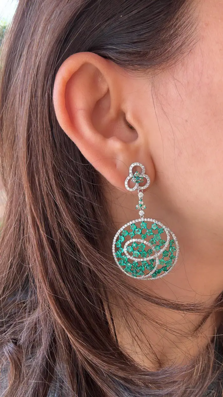 Natural Colombian Emerald Dangle Earrings - 18k White Gold Diamond Chandelier Earrings