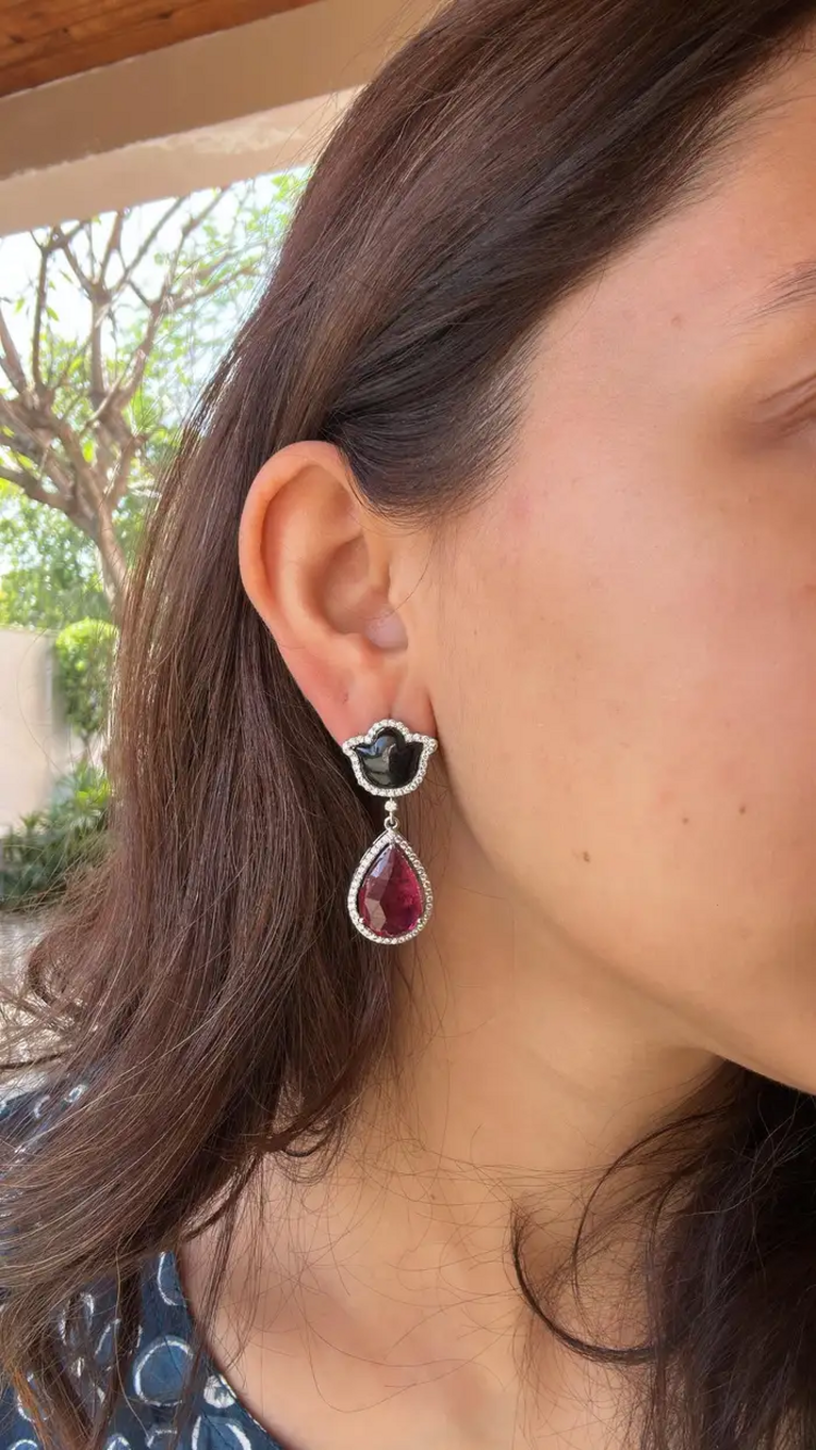 Natural Pear Shape Tourmaline & Black Onyx Gemstone Dangle Earrings - 18k White Gold Diamond Handmade Earrings